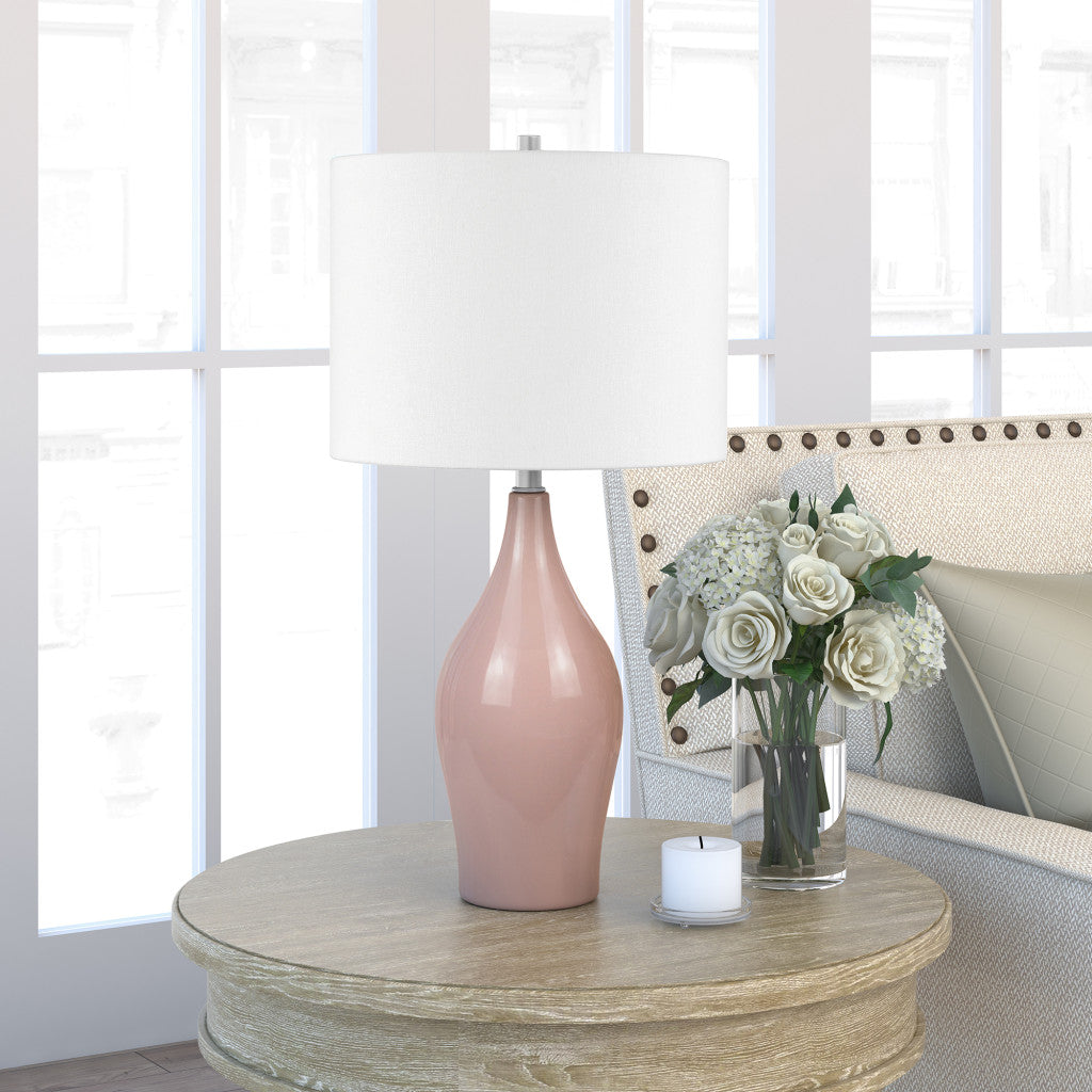 28 Dusty Rose Porcelain Cylinder Table Lamp With White Drum Shade