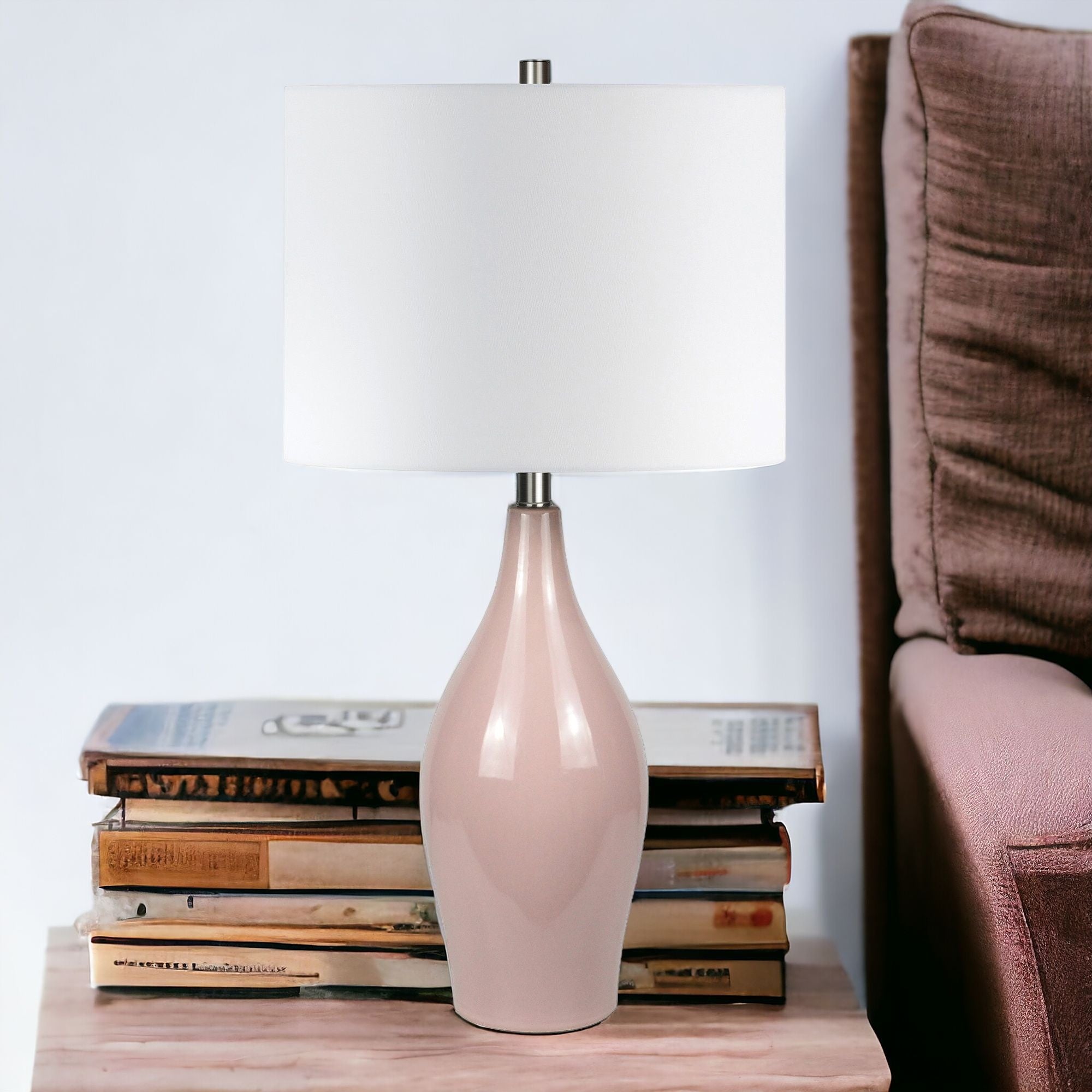 28 Dusty Rose Porcelain Cylinder Table Lamp With White Drum Shade