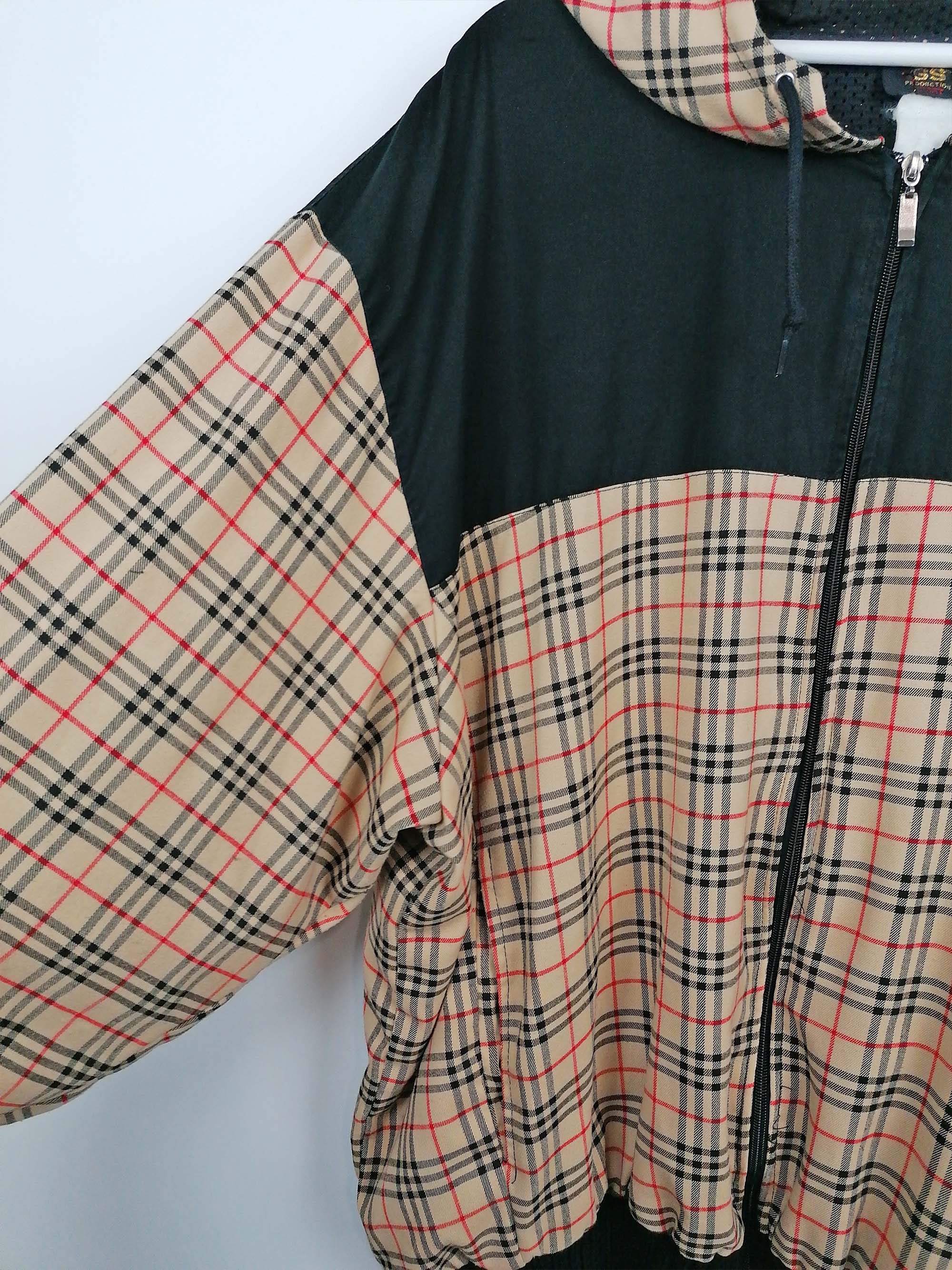 90's Y2K Plaid Check Oversized Lightweight Bomber Jacket with Hood - size XXL