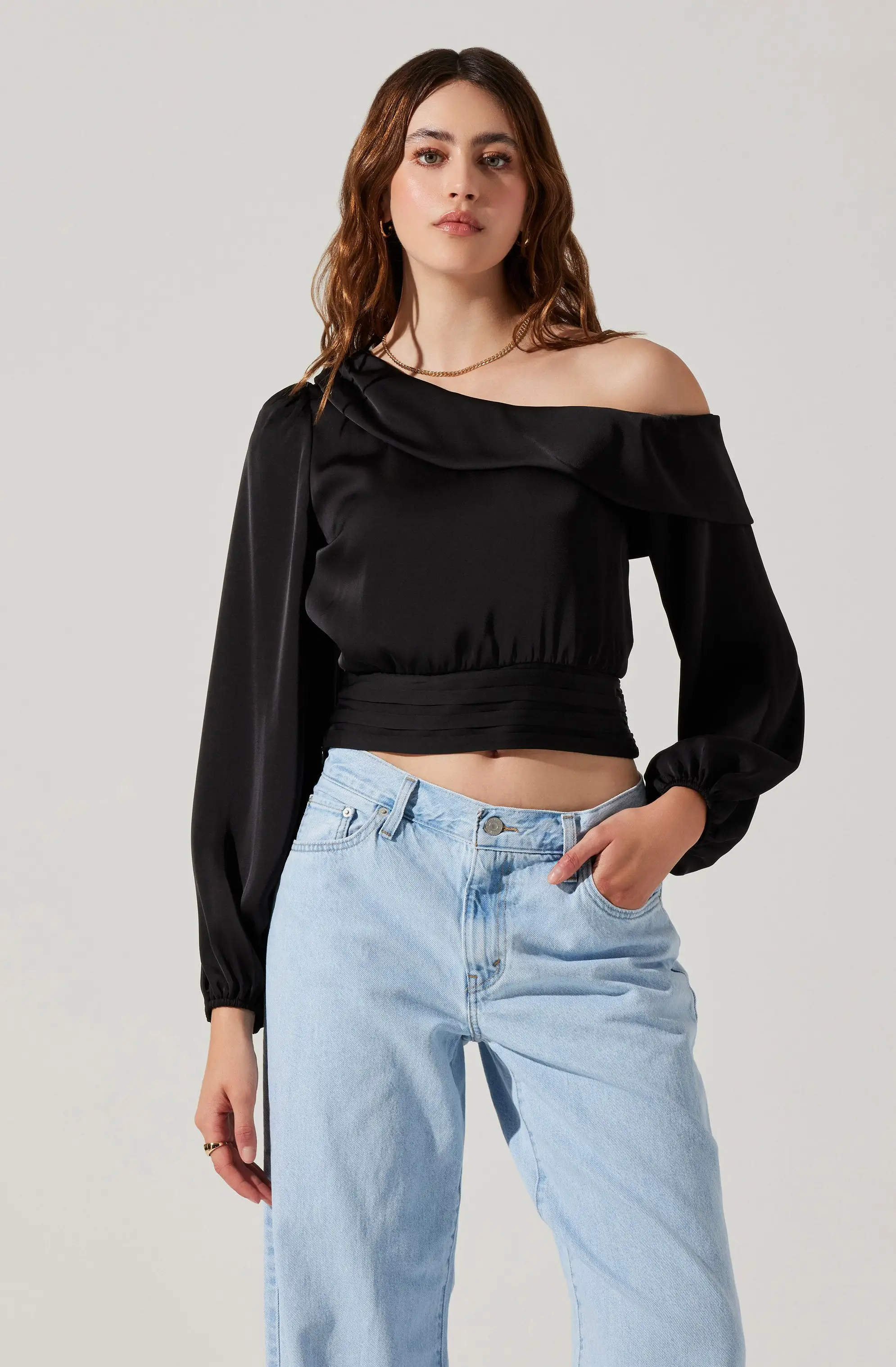 Asymmetrical Cinched Waist Long Sleeve Top