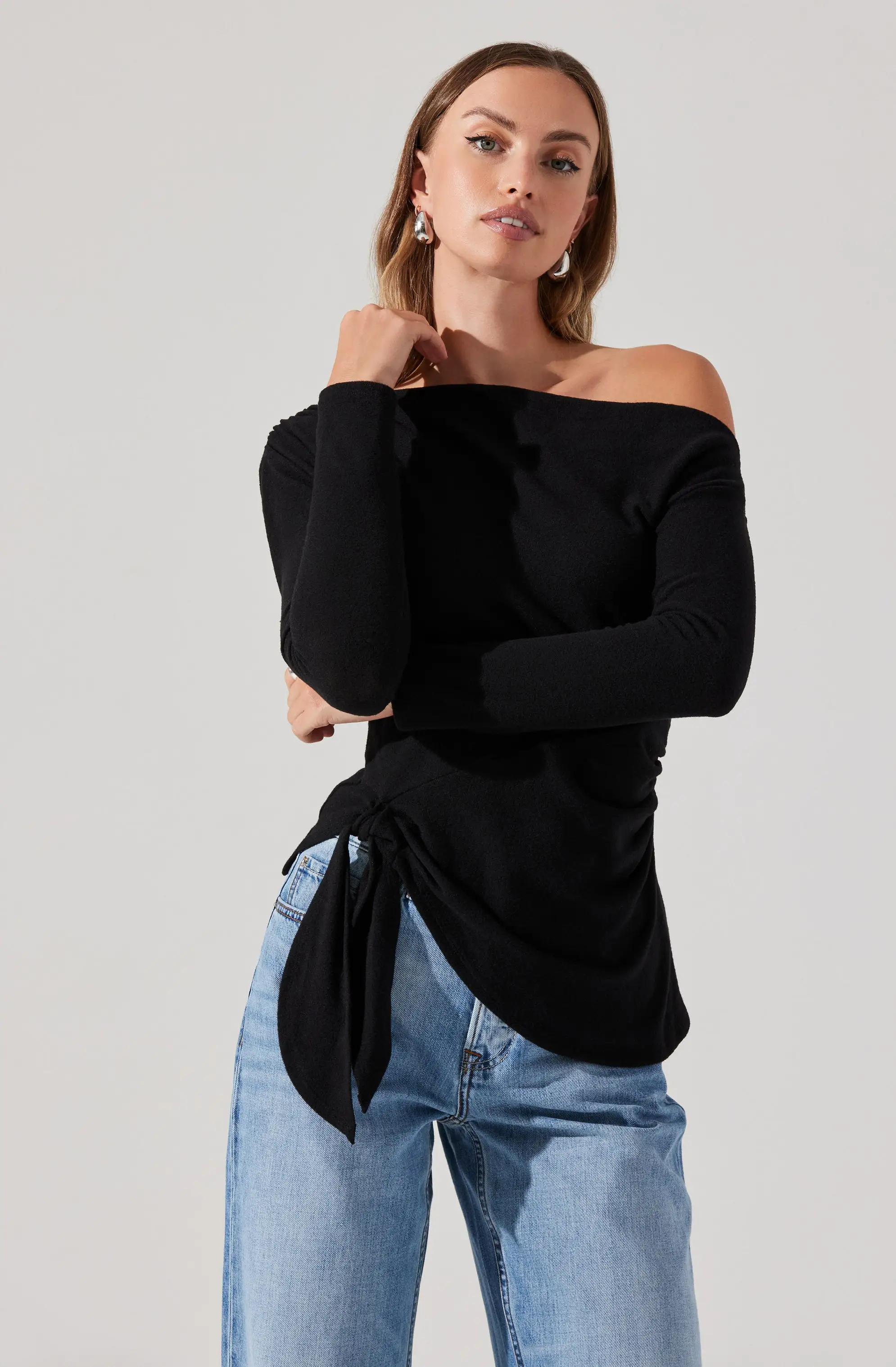 Asymmetrical Off Shoulder Tie Knit Top