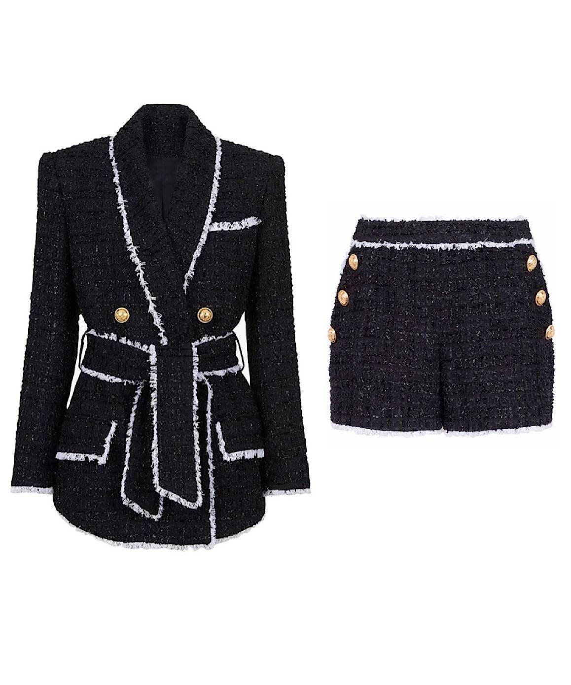 Black Tweed Belted Blazer