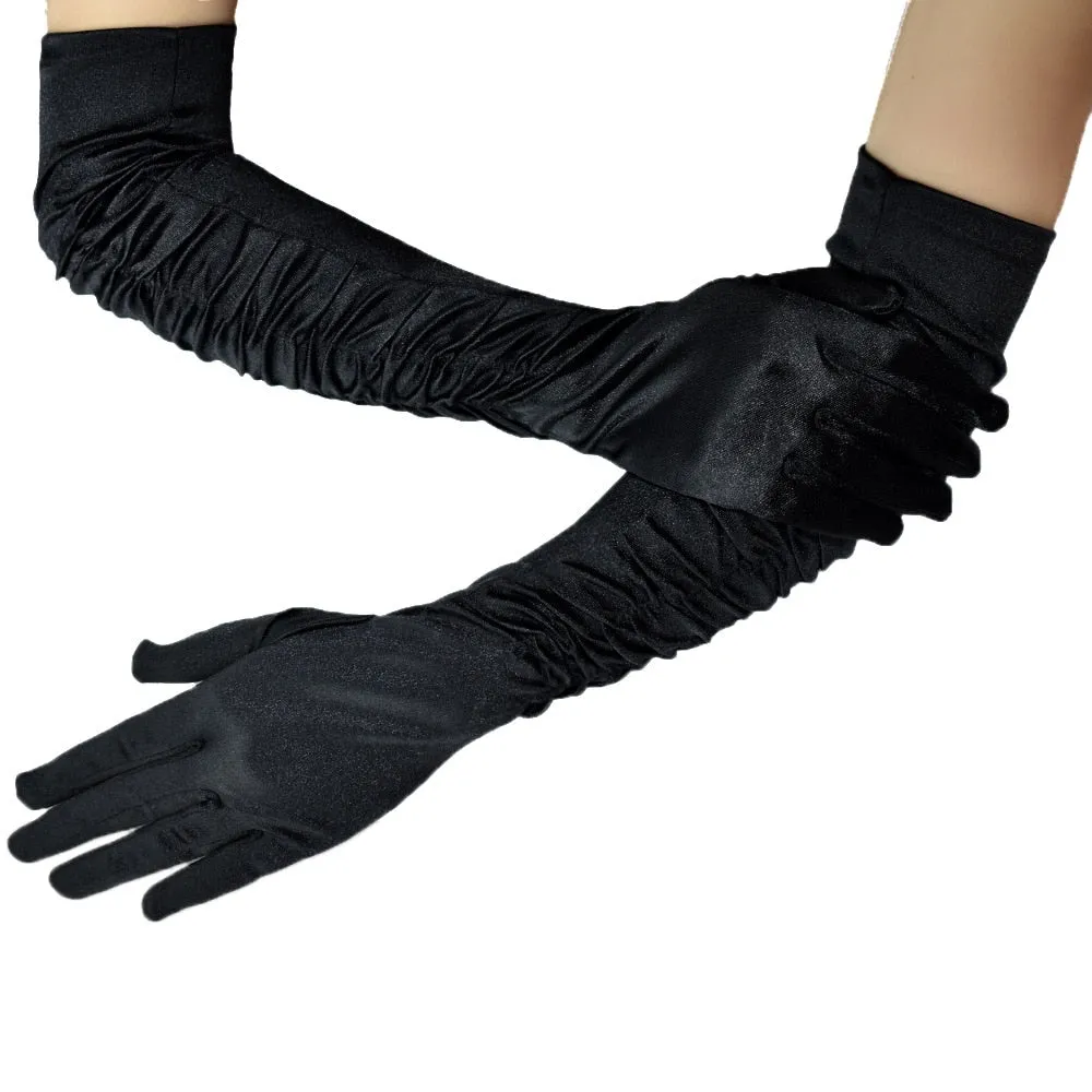 Classic Long Opera Party 20s Satin Stretchy Length Wave Pleated Dance Gloves Women Flapper Accessories