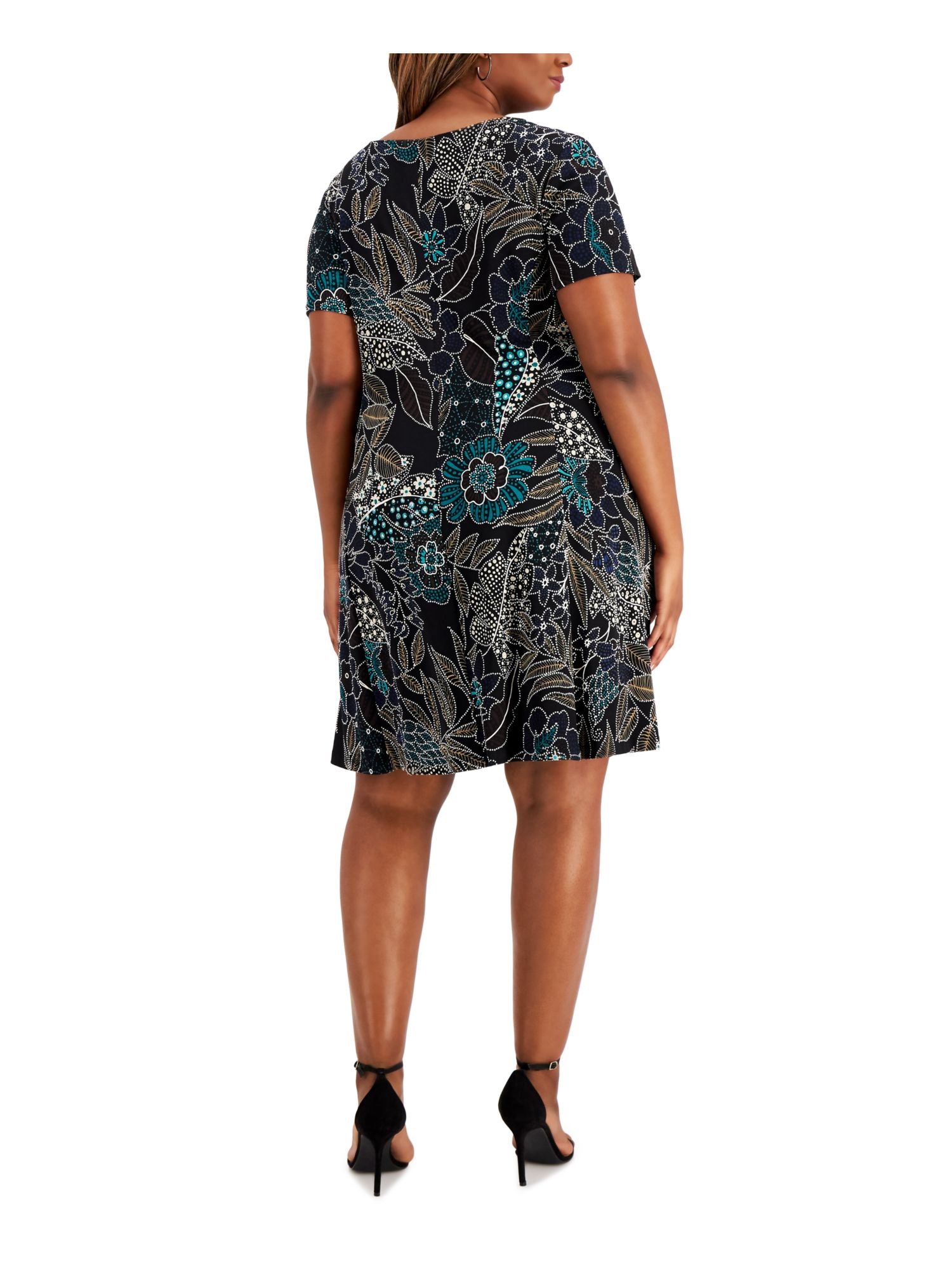 CONNECTED APPAREL Womens Stretch Printed Short Sleeve V Neck Above The Knee Party Fit + Flare Dress