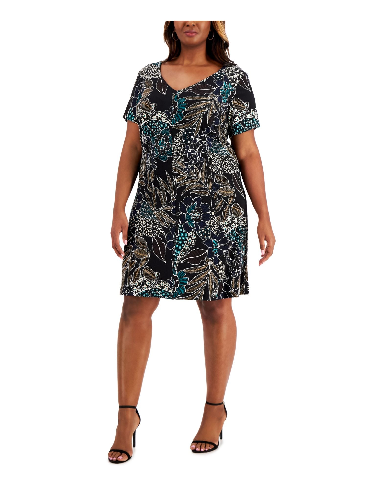 CONNECTED APPAREL Womens Stretch Printed Short Sleeve V Neck Above The Knee Party Fit + Flare Dress