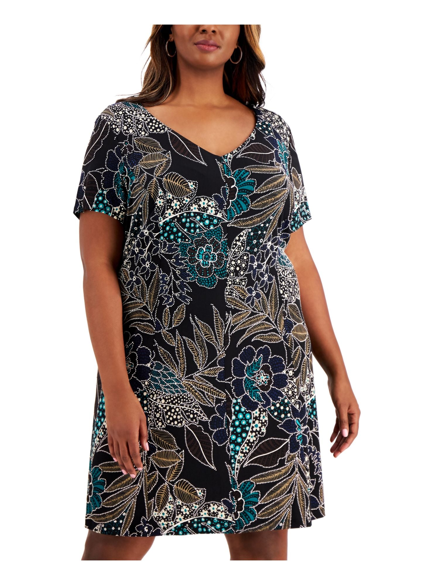 CONNECTED APPAREL Womens Stretch Printed Short Sleeve V Neck Above The Knee Party Fit + Flare Dress