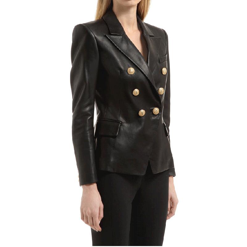 Double Breasted Genuine Leather Blazer - Elegant Outerwear for Women