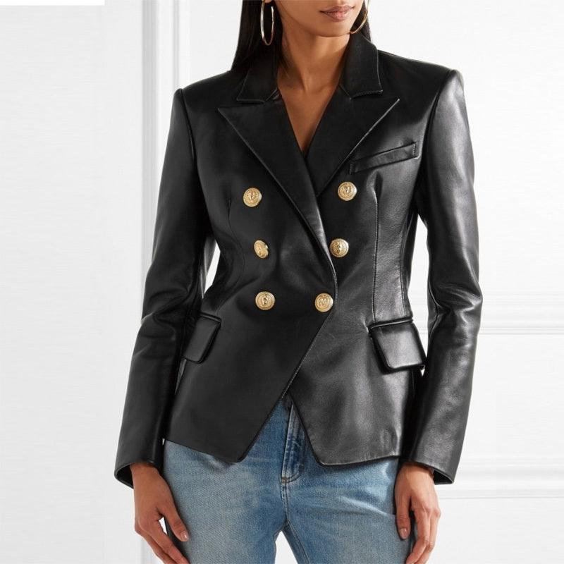 Double Breasted Genuine Leather Blazer - Elegant Outerwear for Women