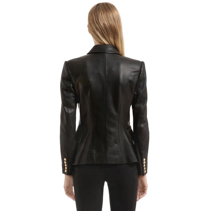 Double Breasted Genuine Leather Blazer - Elegant Outerwear for Women