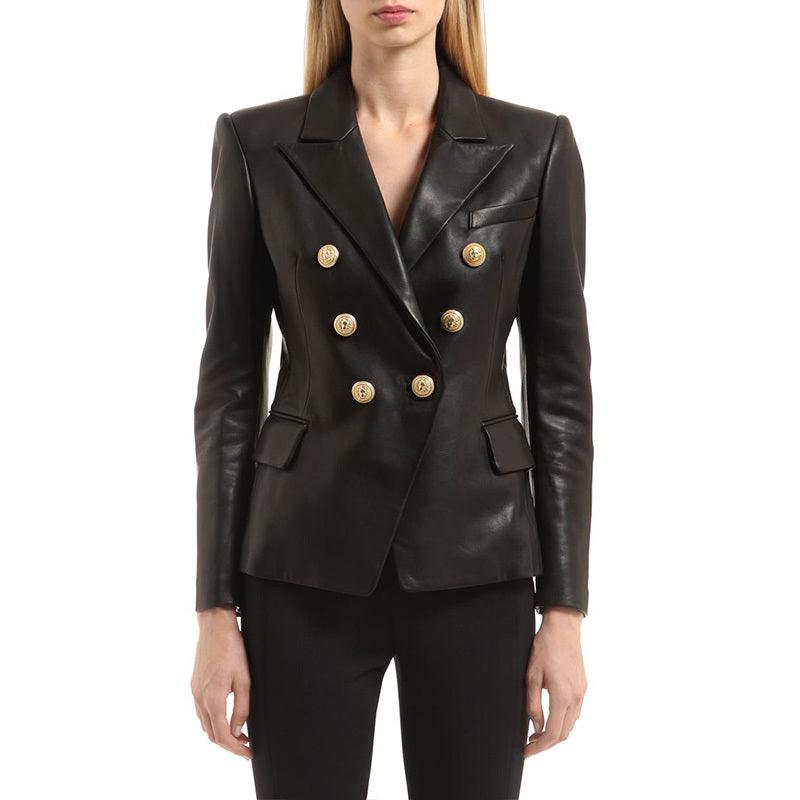 Double Breasted Genuine Leather Blazer - Elegant Outerwear for Women