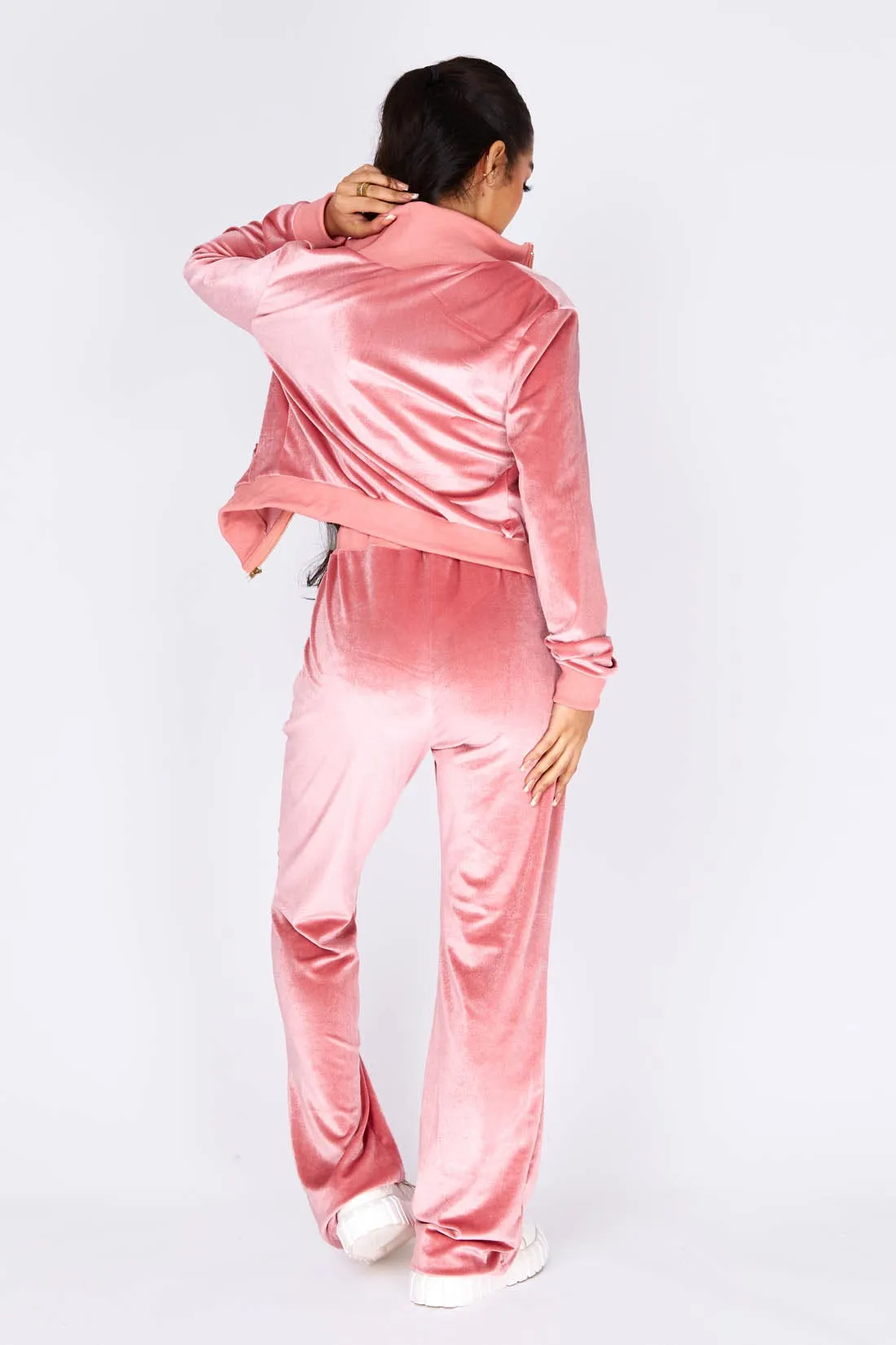 Dusty Rose Velour Cropped Jacket Tracksuit Set