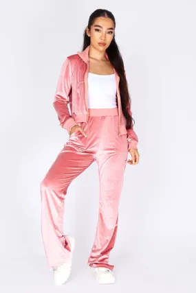 Dusty Rose Velour Cropped Jacket Tracksuit Set