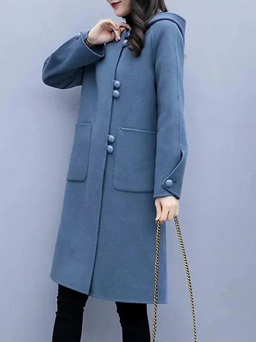 Elegant Hooded Overcoat for Women - Fall/Winter Windproof Pea Coat with Pockets