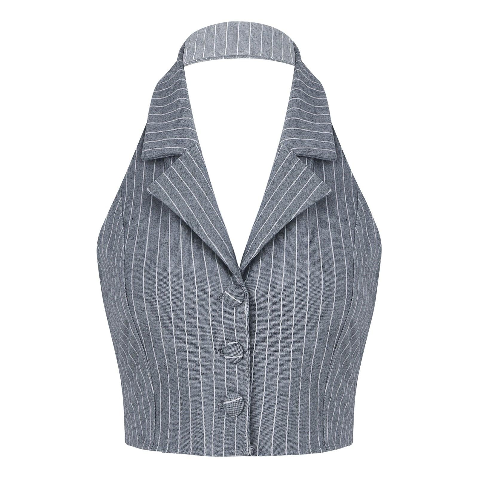 Elegant Stripe Waistcoat Vest Halter Neck V-Neck Style