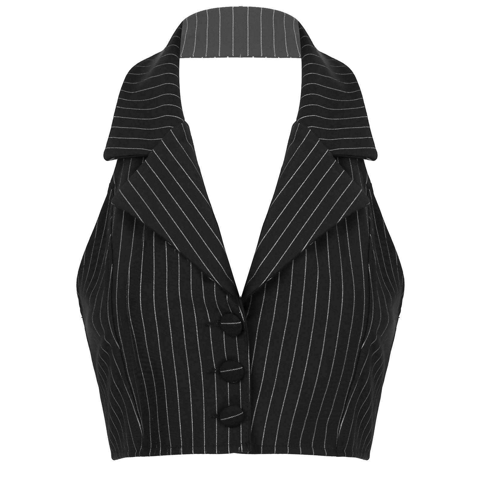 Elegant Stripe Waistcoat Vest Halter Neck V-Neck Style