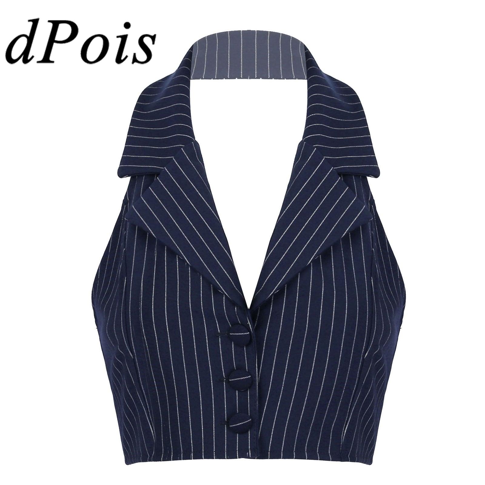 Elegant Stripe Waistcoat Vest Halter Neck V-Neck Style