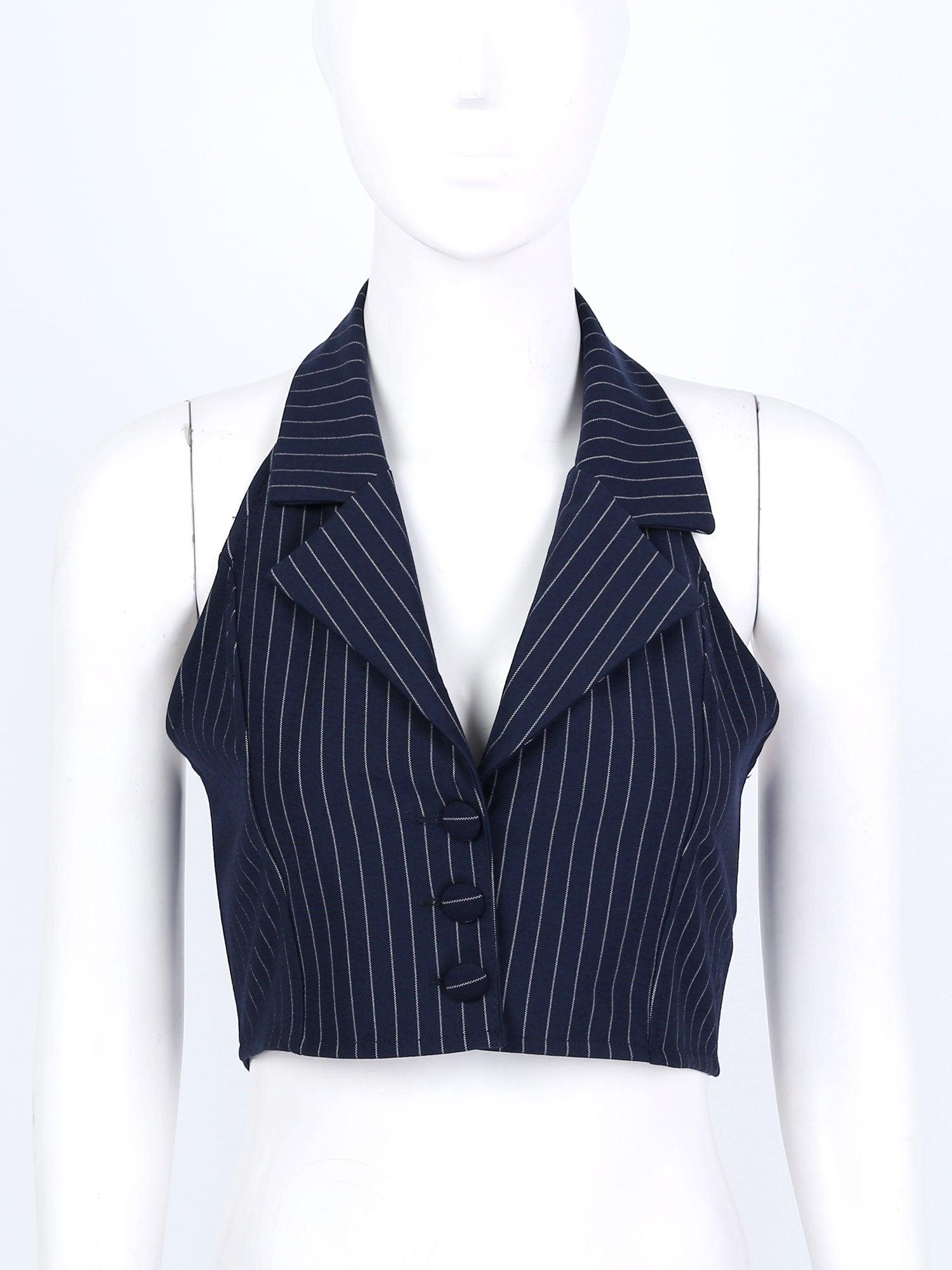 Elegant Stripe Waistcoat Vest Halter Neck V-Neck Style