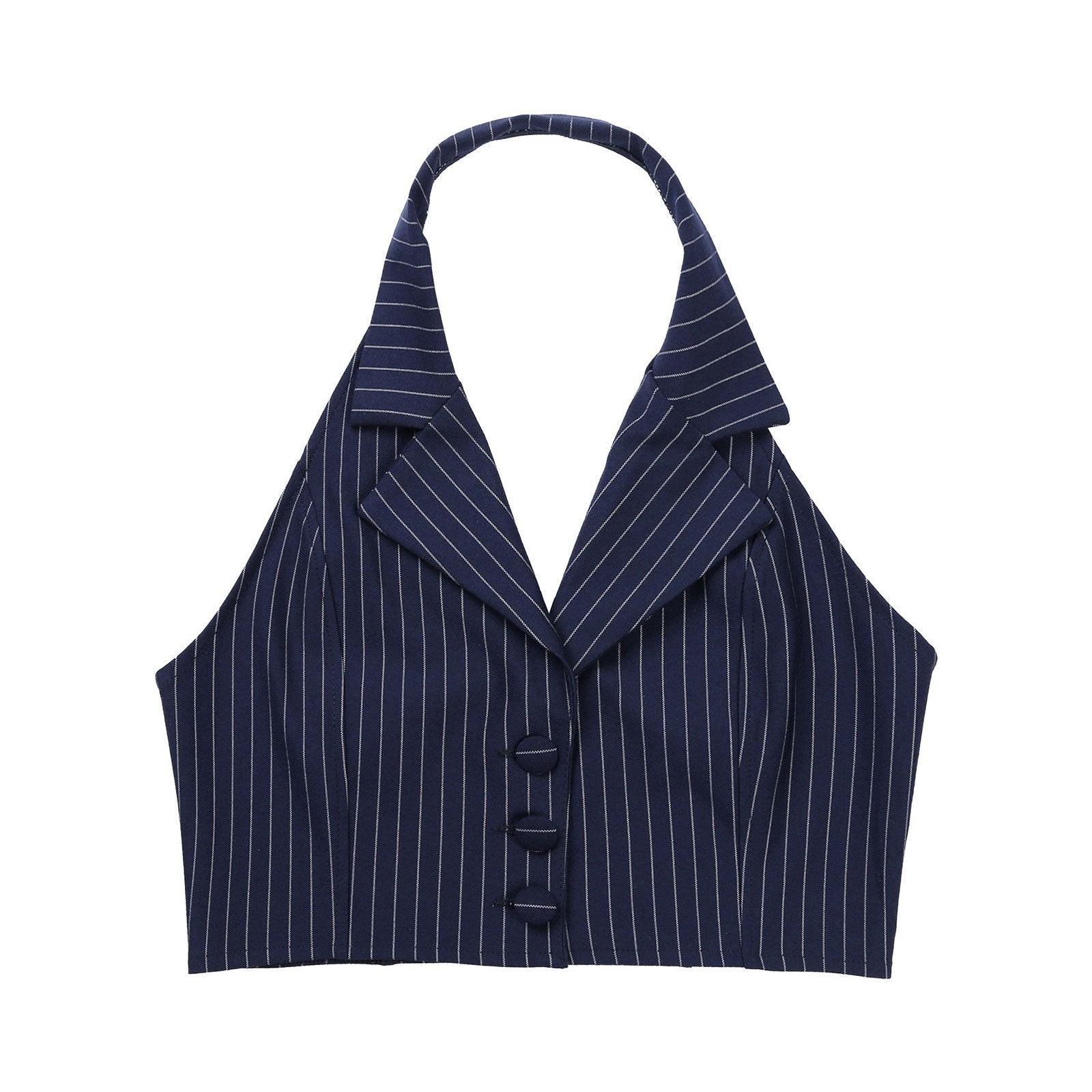 Elegant Stripe Waistcoat Vest Halter Neck V-Neck Style