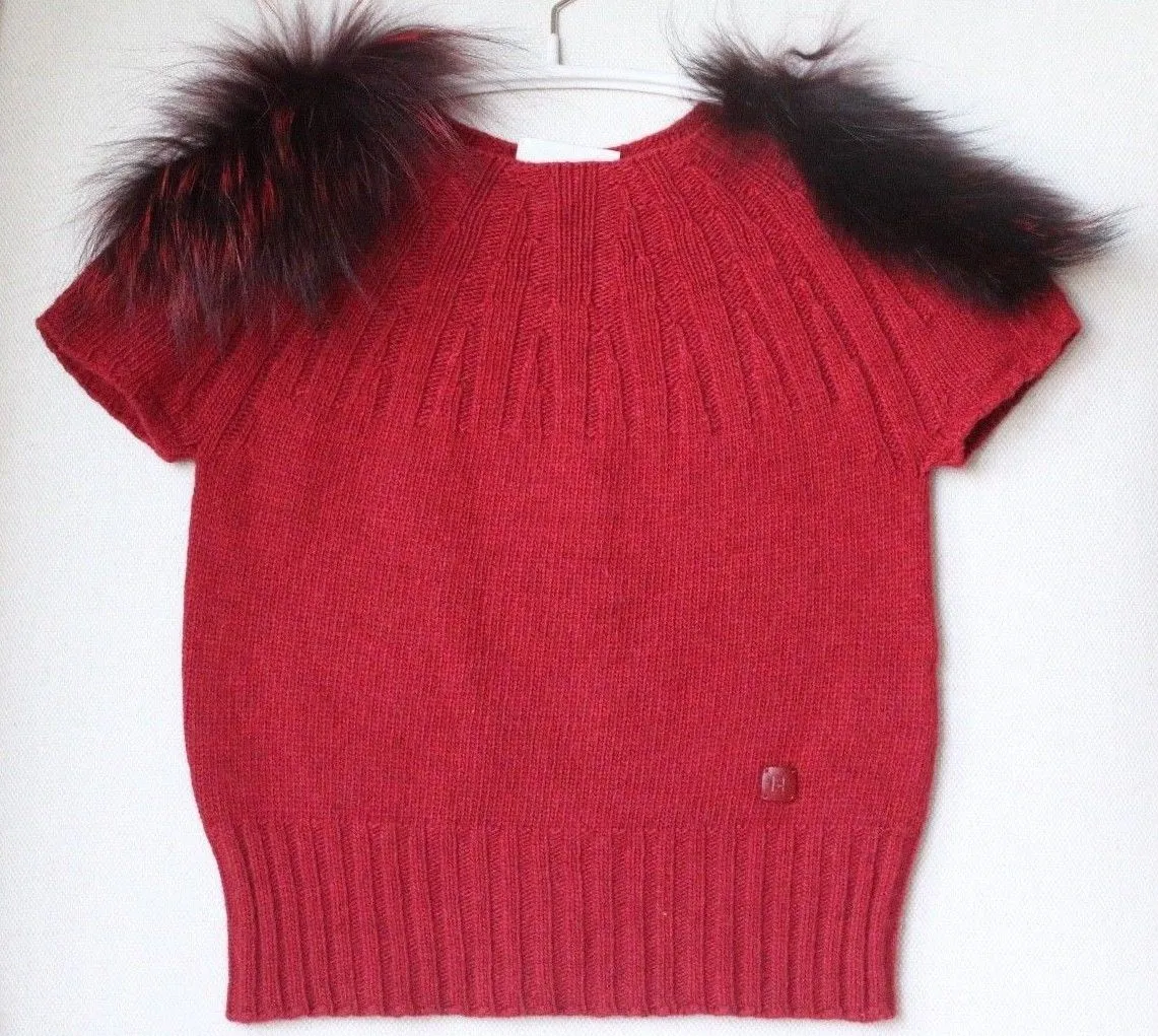 FENDI KIDS GIRLS BURGUNDY RED WOOL BLEND SWEATER WITH FUR TRIM 2 YEARS