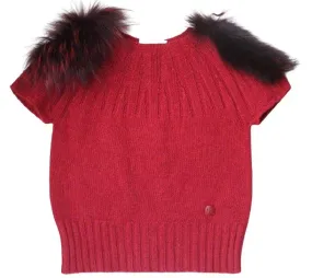 FENDI KIDS GIRLS BURGUNDY RED WOOL BLEND SWEATER WITH FUR TRIM 2 YEARS