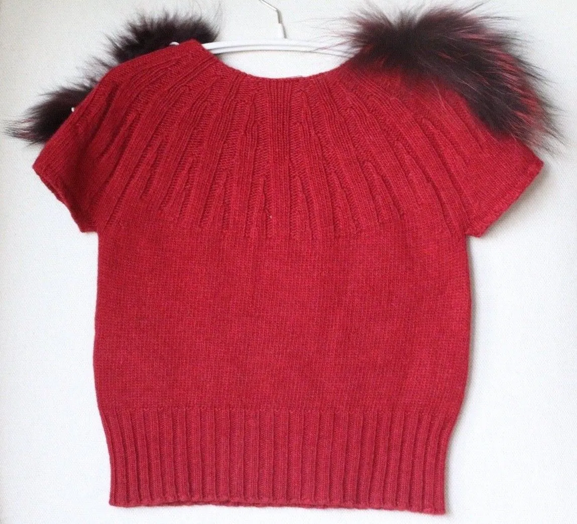 FENDI KIDS GIRLS BURGUNDY RED WOOL BLEND SWEATER WITH FUR TRIM 2 YEARS