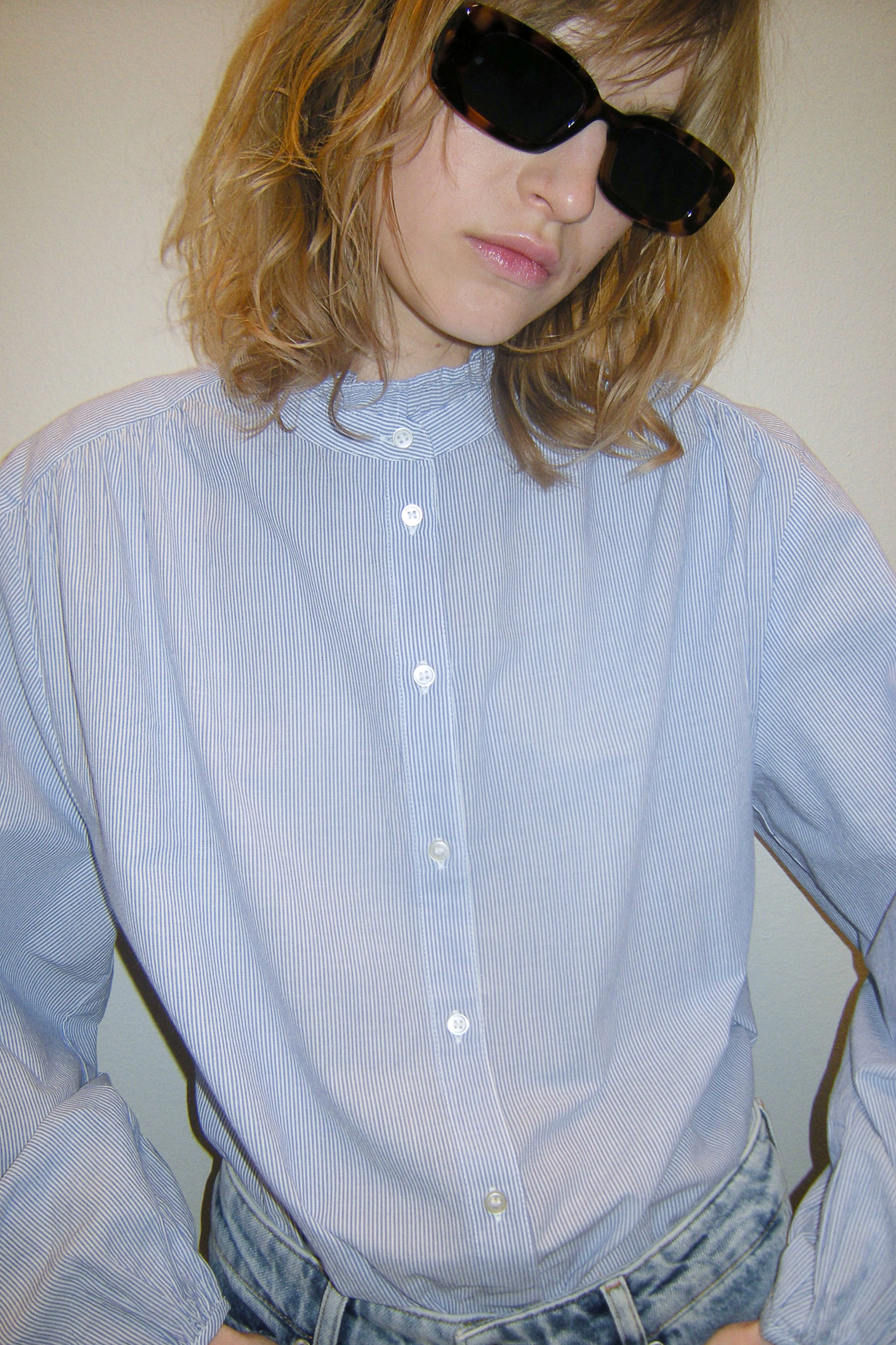 Frill-trimmed cotton blouse - Long sleeve - Regular length - Blue/Striped - Ladies | H&M GB