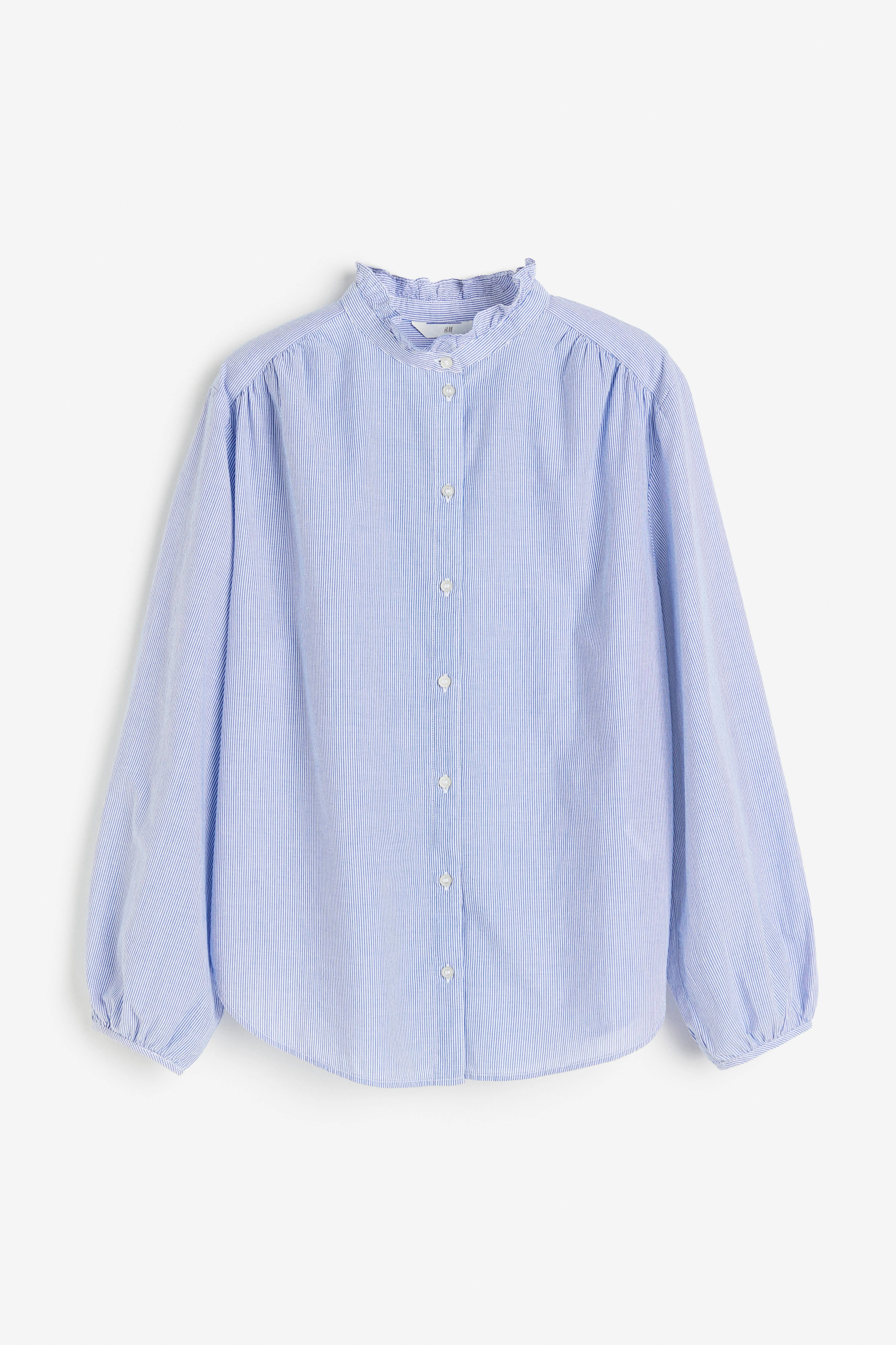 Frill-trimmed cotton blouse - Long sleeve - Regular length - Blue/Striped - Ladies | H&M GB