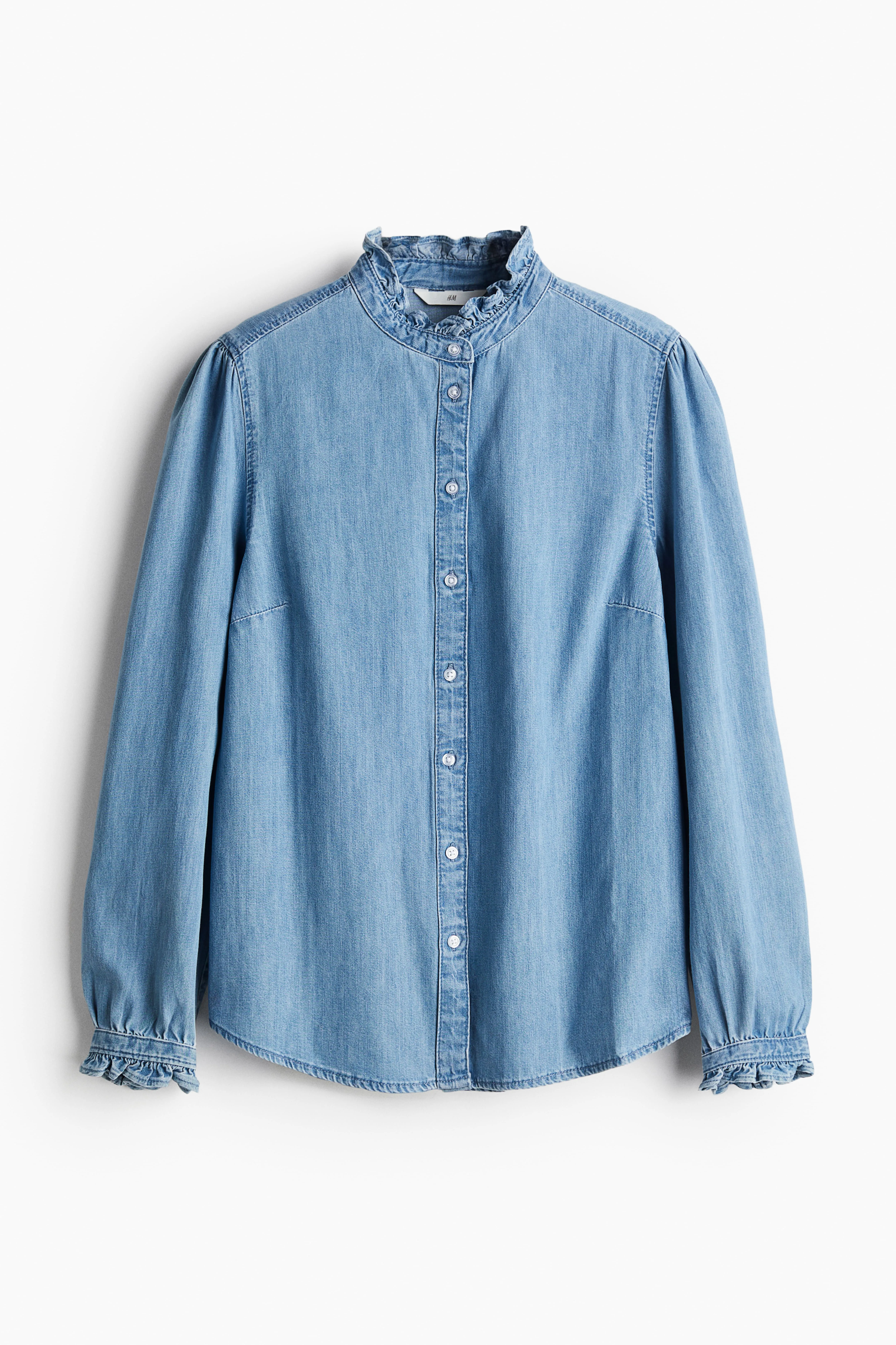 Frill-trimmed denim blouse - Long sleeve - Regular length - Light denim blue - Ladies | H&M GB