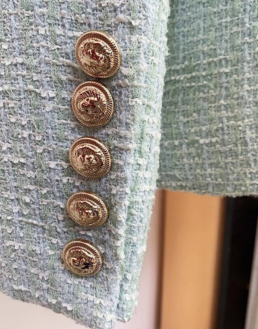 Gold Button Tweed Blazer In Blue Green