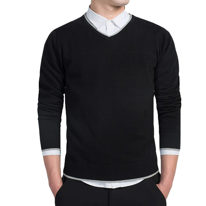 Men's Winter Solid Pattern Long Sleeve V-neck Pullover Sweaters