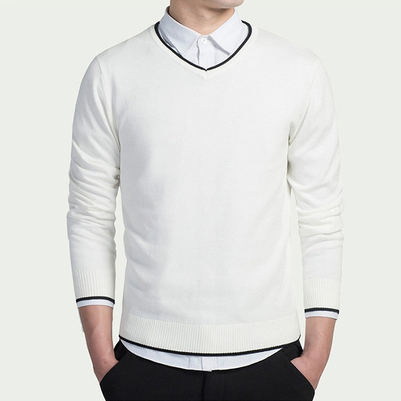 Men's Winter Solid Pattern Long Sleeve V-neck Pullover Sweaters