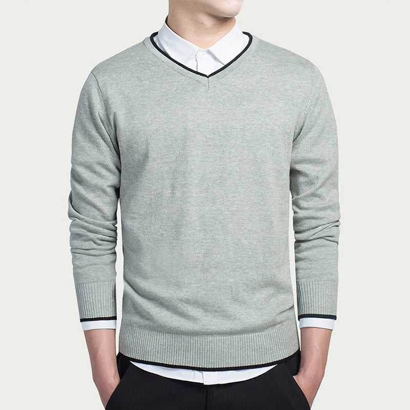 Men's Winter Solid Pattern Long Sleeve V-neck Pullover Sweaters