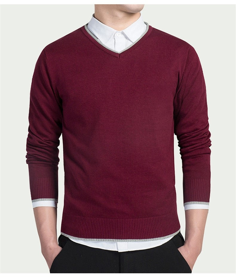 Men's Winter Solid Pattern Long Sleeve V-neck Pullover Sweaters