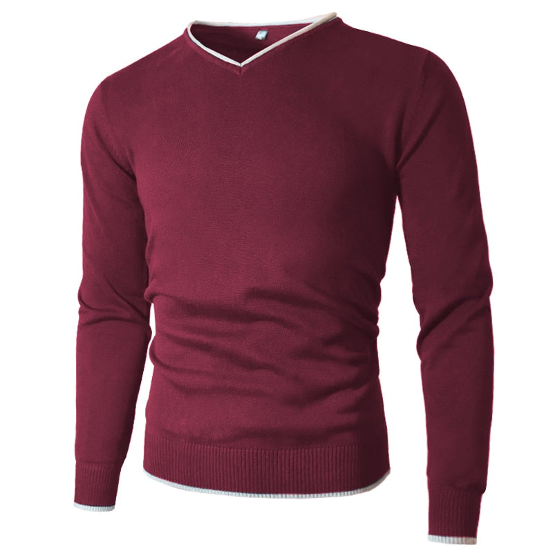 Men's Winter Solid Pattern Long Sleeve V-neck Pullover Sweaters