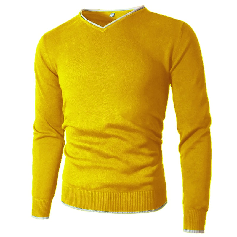 Men's Winter Solid Pattern Long Sleeve V-neck Pullover Sweaters