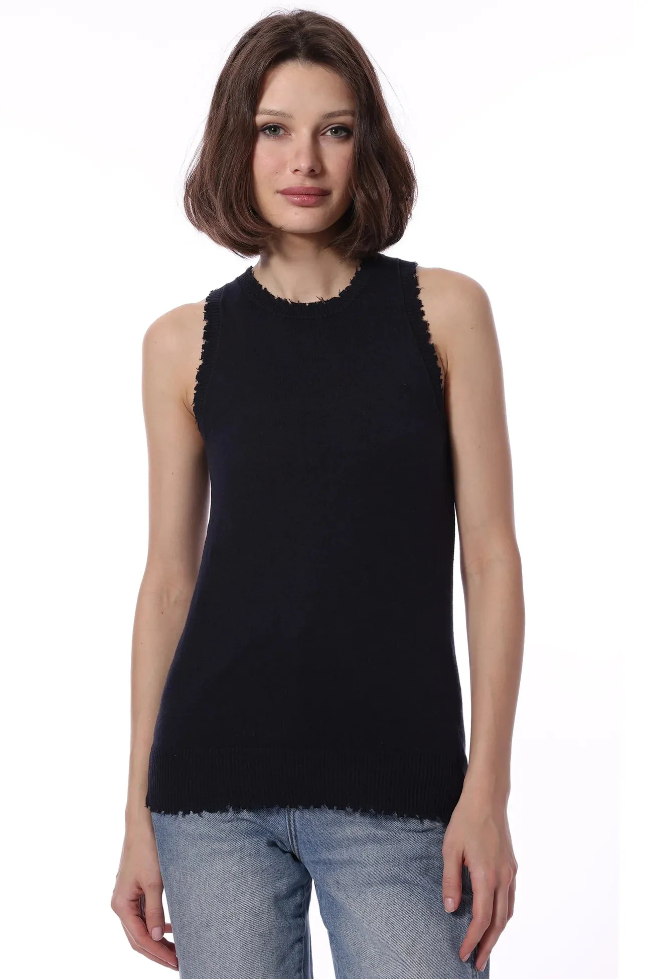 Minnie Rose Cotton Cashmere Frayed Tank