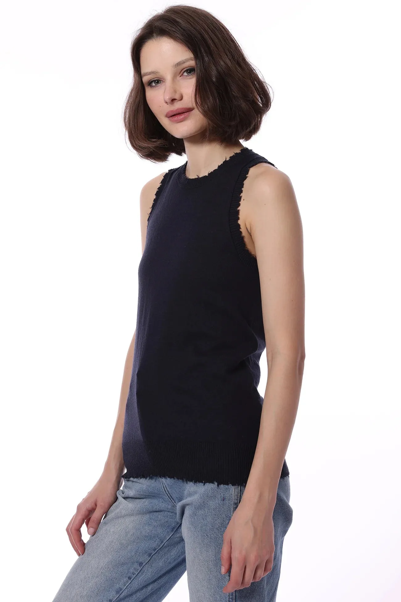 Minnie Rose Cotton Cashmere Frayed Tank