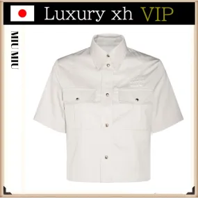 MiuMiu  |Plain Cotton Short Sleeves Logo Shirts & Blouses