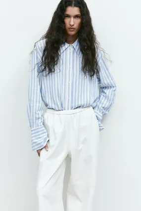 Oversized linen-blend shirt - Long sleeve - Regular length - White/Blue striped - Ladies | H&M GB