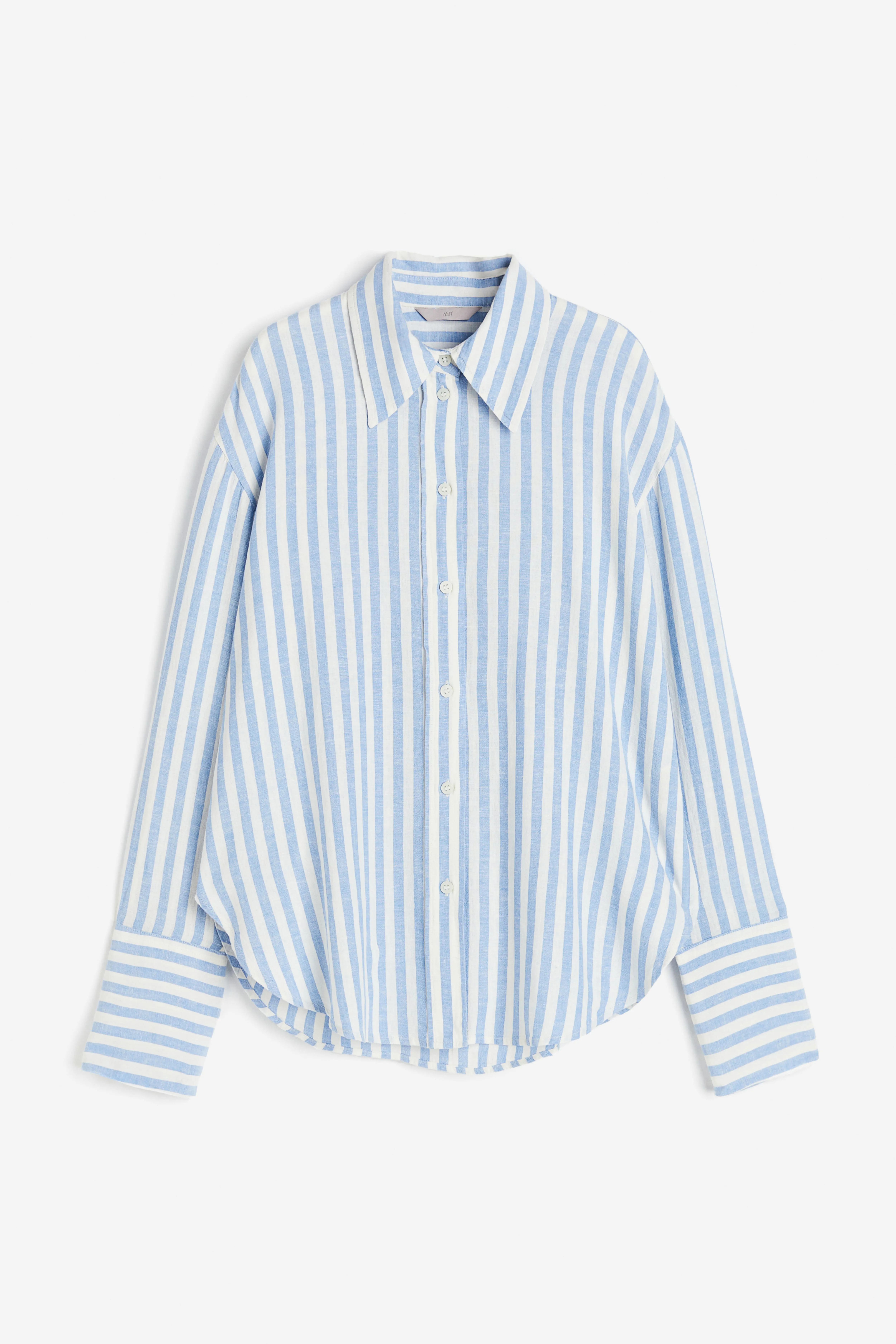 Oversized linen-blend shirt - Long sleeve - Regular length - White/Blue striped - Ladies | H&M GB