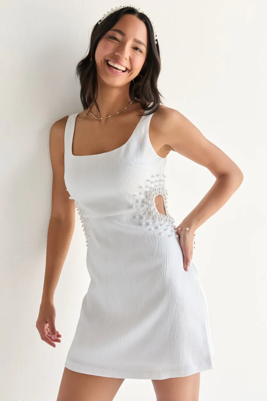 Pearl Embellished Side Cutout Mini Sheath Dress