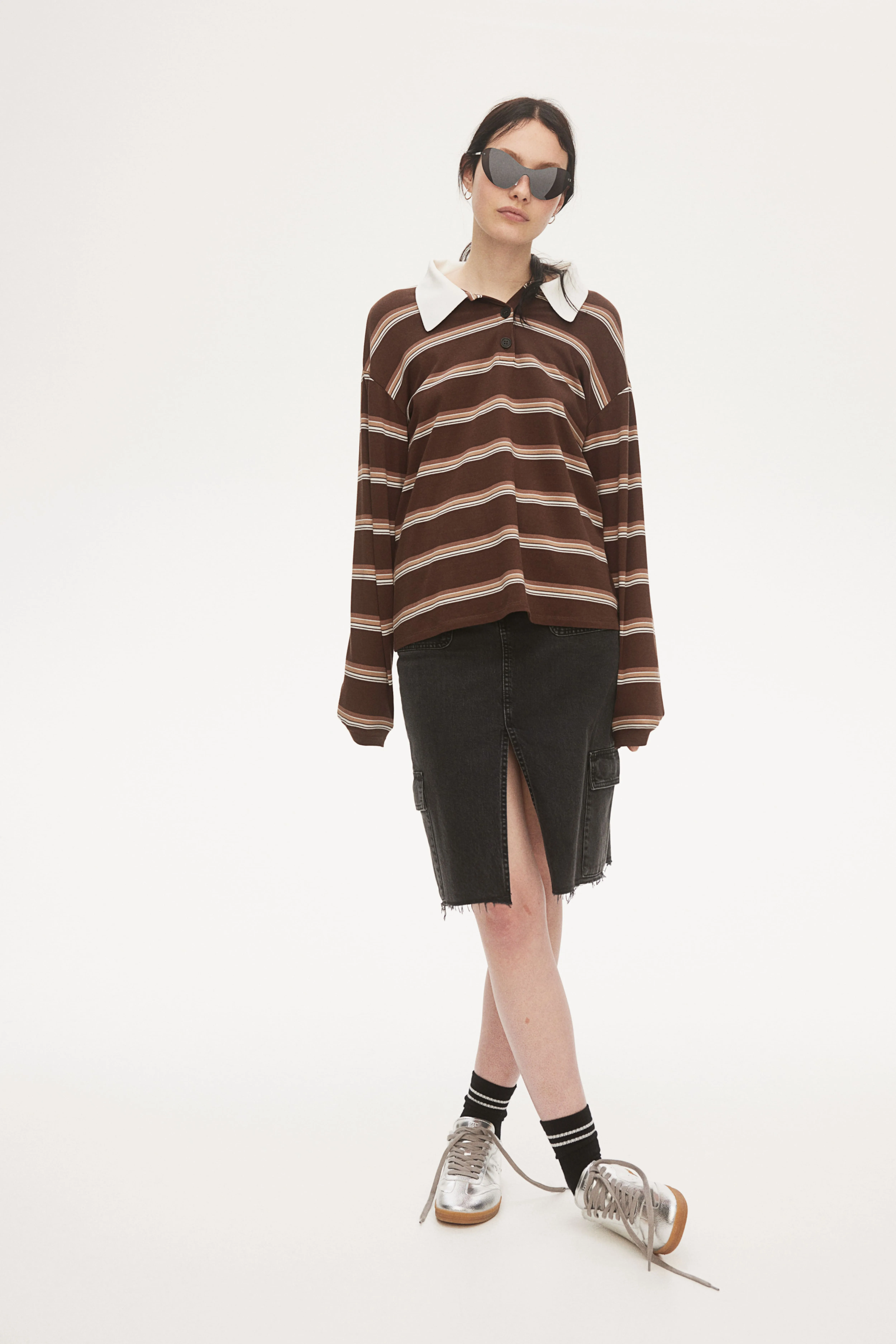 Polo shirt - Long sleeve - Regular length - Dark brown/Striped - Ladies | H&M GB