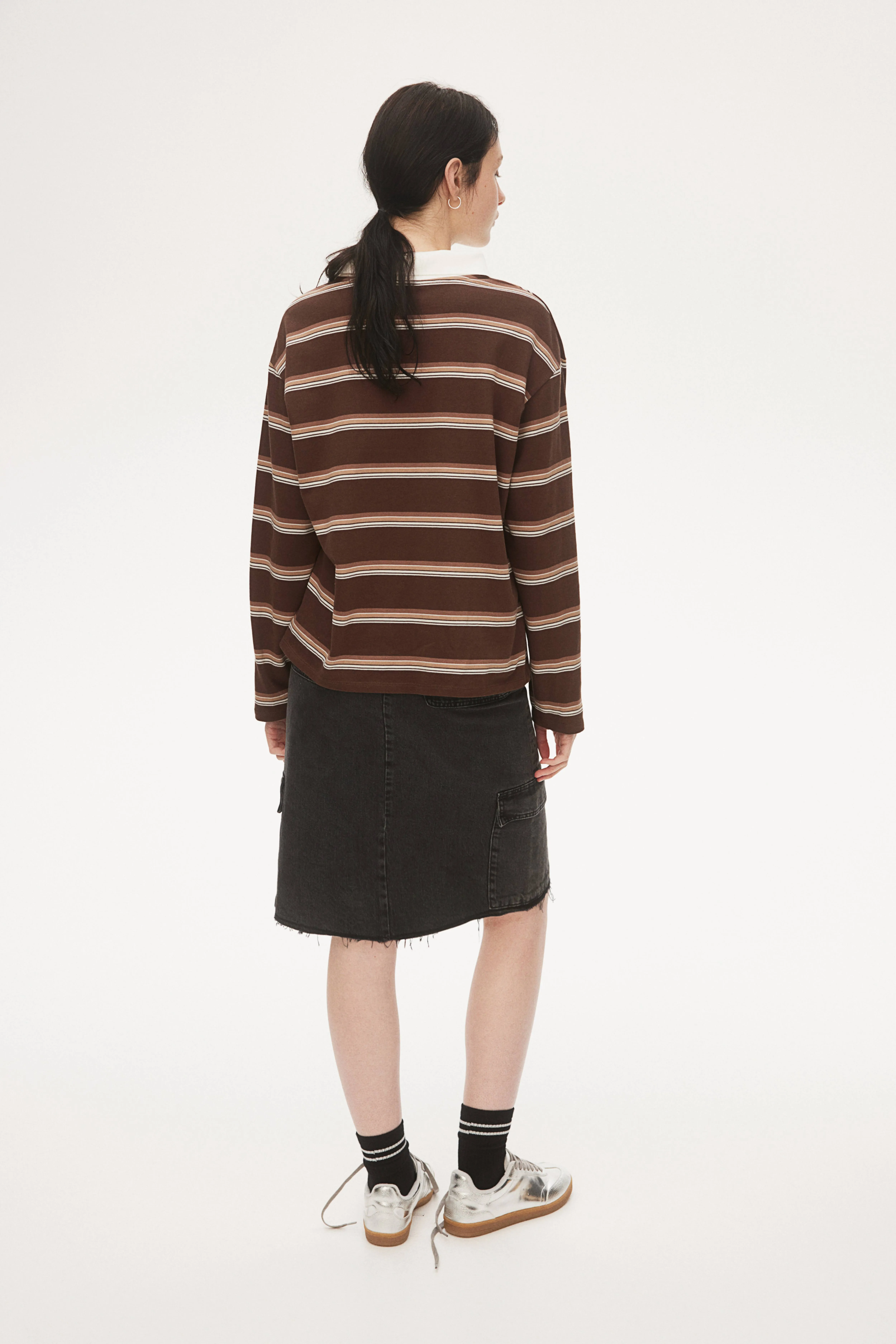 Polo shirt - Long sleeve - Regular length - Dark brown/Striped - Ladies | H&M GB