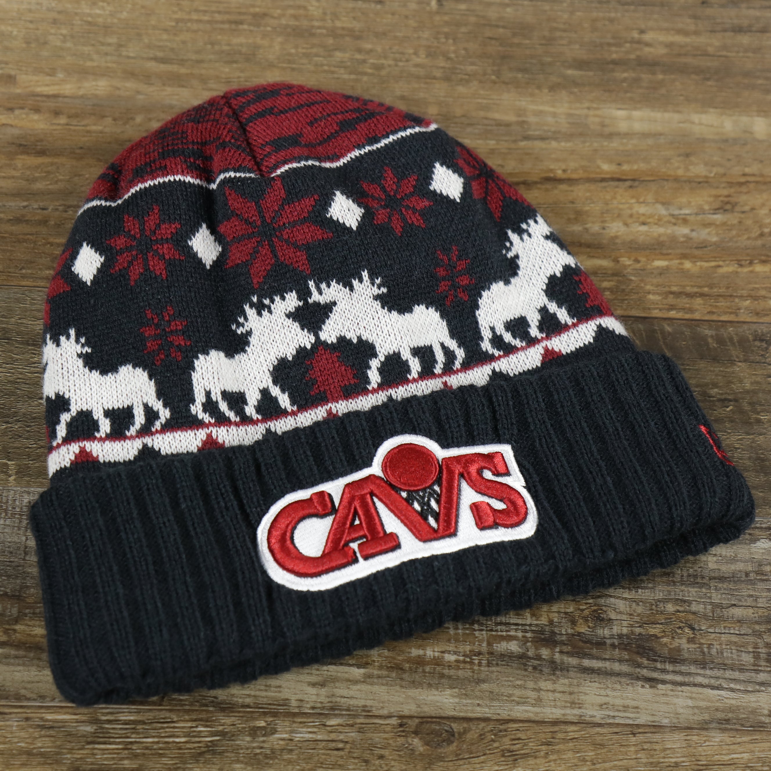 Retro Cleveland Cavaliers Mooser Ugly Sweater Cuffed Winter Beanie | Dark Blue And Maroon Winter Beanie