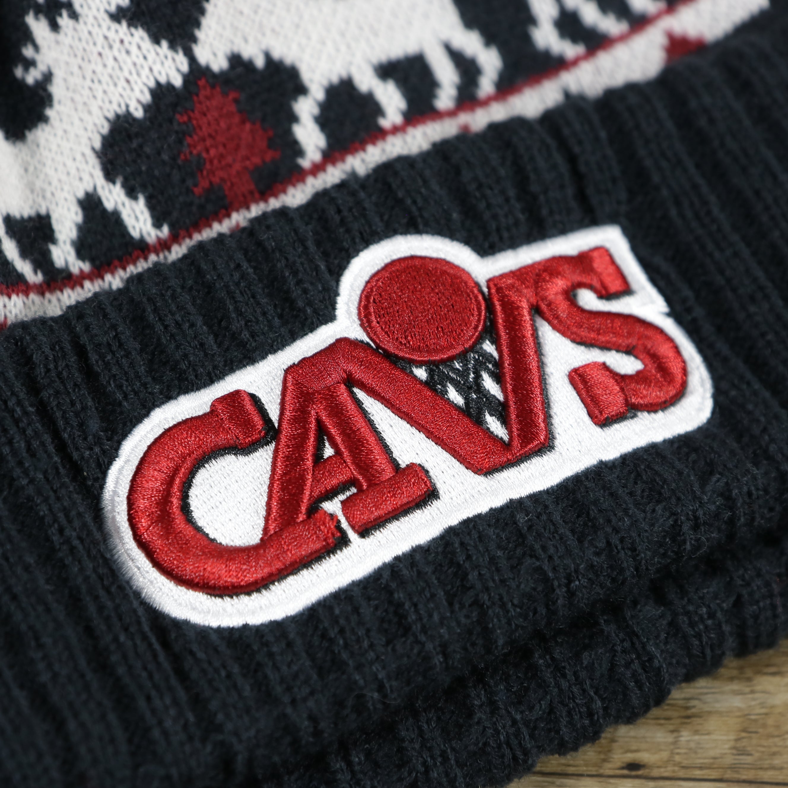 Retro Cleveland Cavaliers Mooser Ugly Sweater Cuffed Winter Beanie | Dark Blue And Maroon Winter Beanie