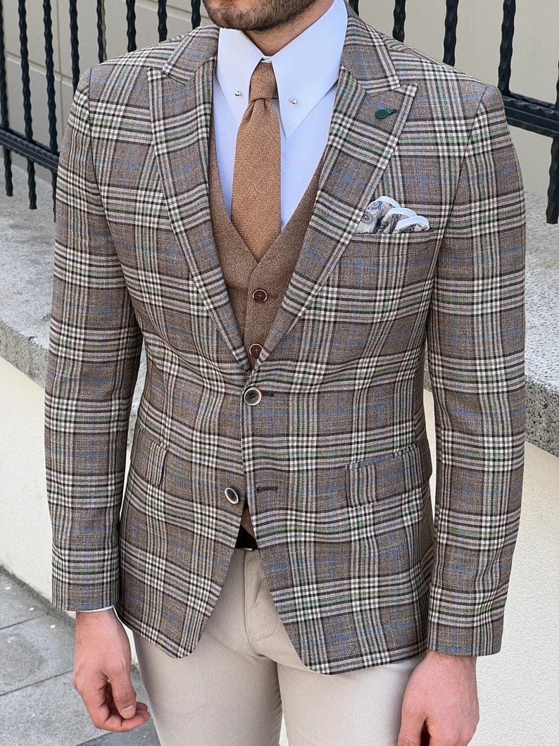 Slim Fit Beige Plaid Wool Men Jacket