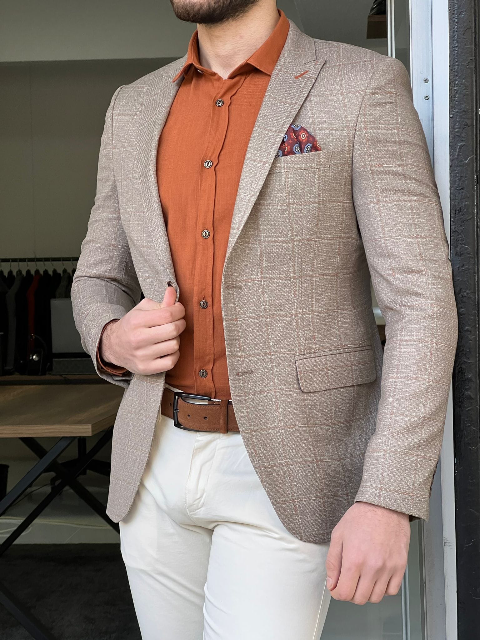 Slim Fit Plaid Beige Jacket