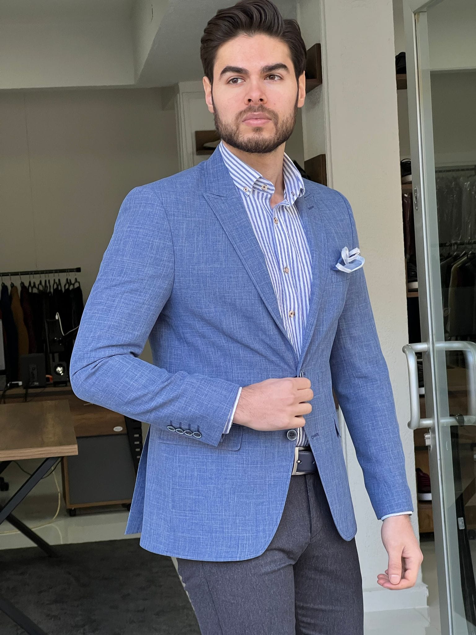 Slim Fit Self-Patterned Cotton Blue Jacket