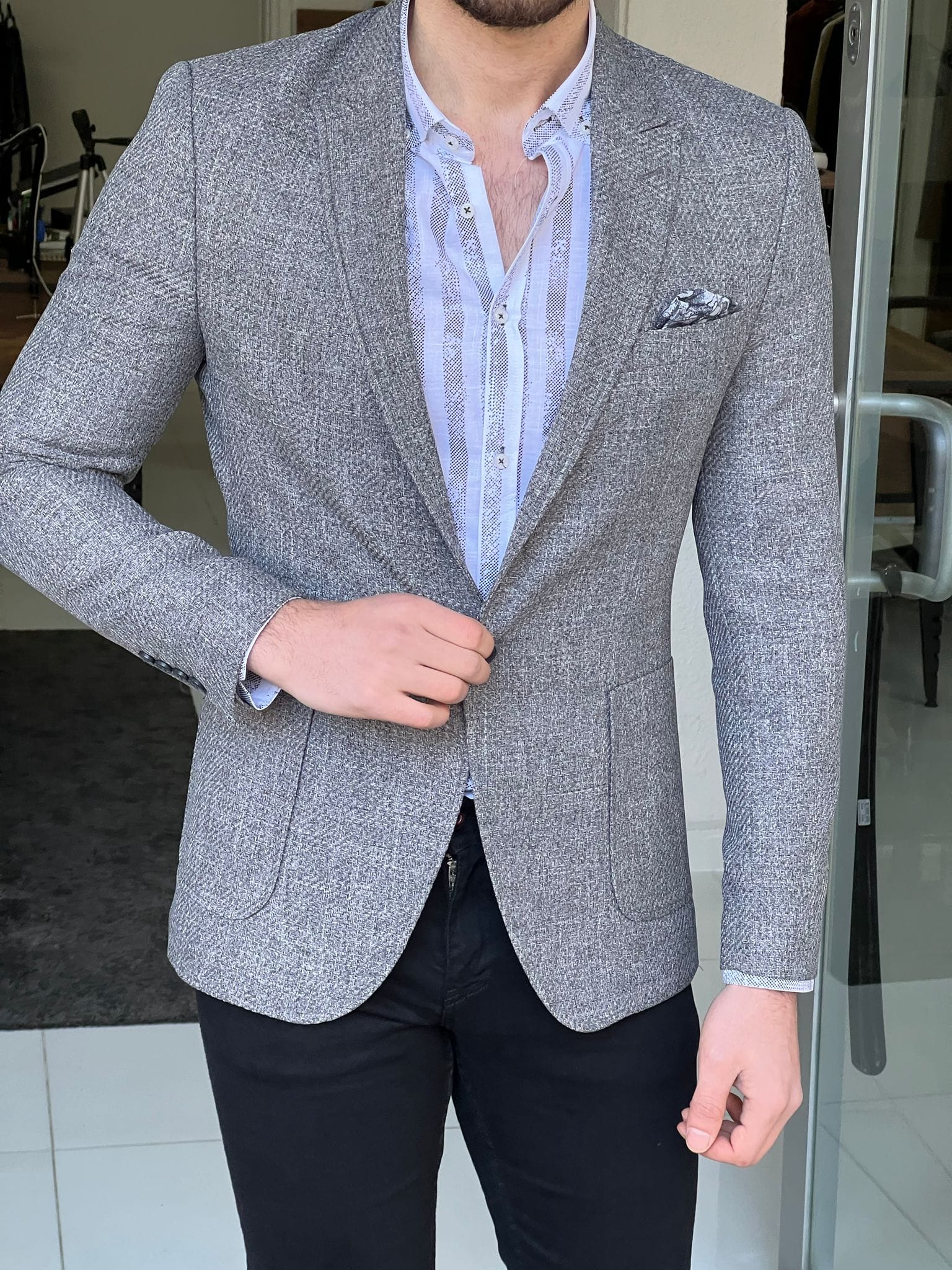 Slim Fit Self-Patterned Grey Jacket