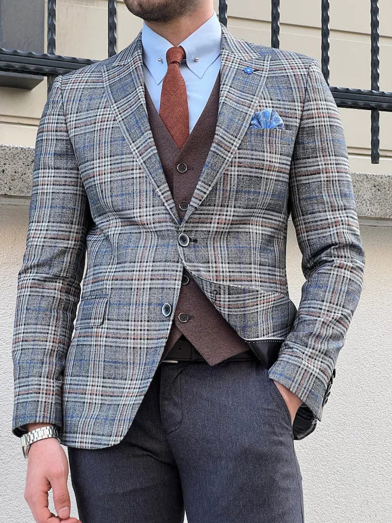 Slim Fit Wool Plaid Grey Suit Jacket